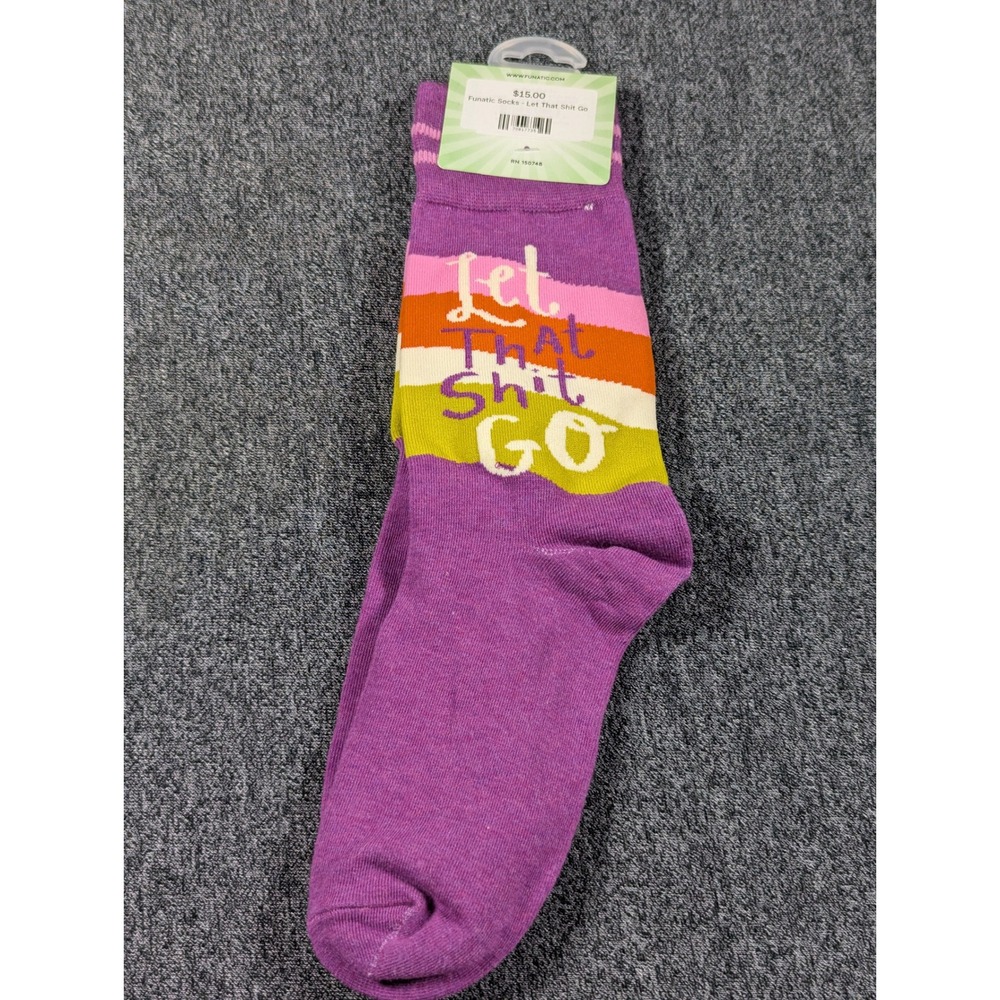 Funatic Let That Shit Go Crew Socks Purple Striped Mens 6-11 Womens 7.5-12